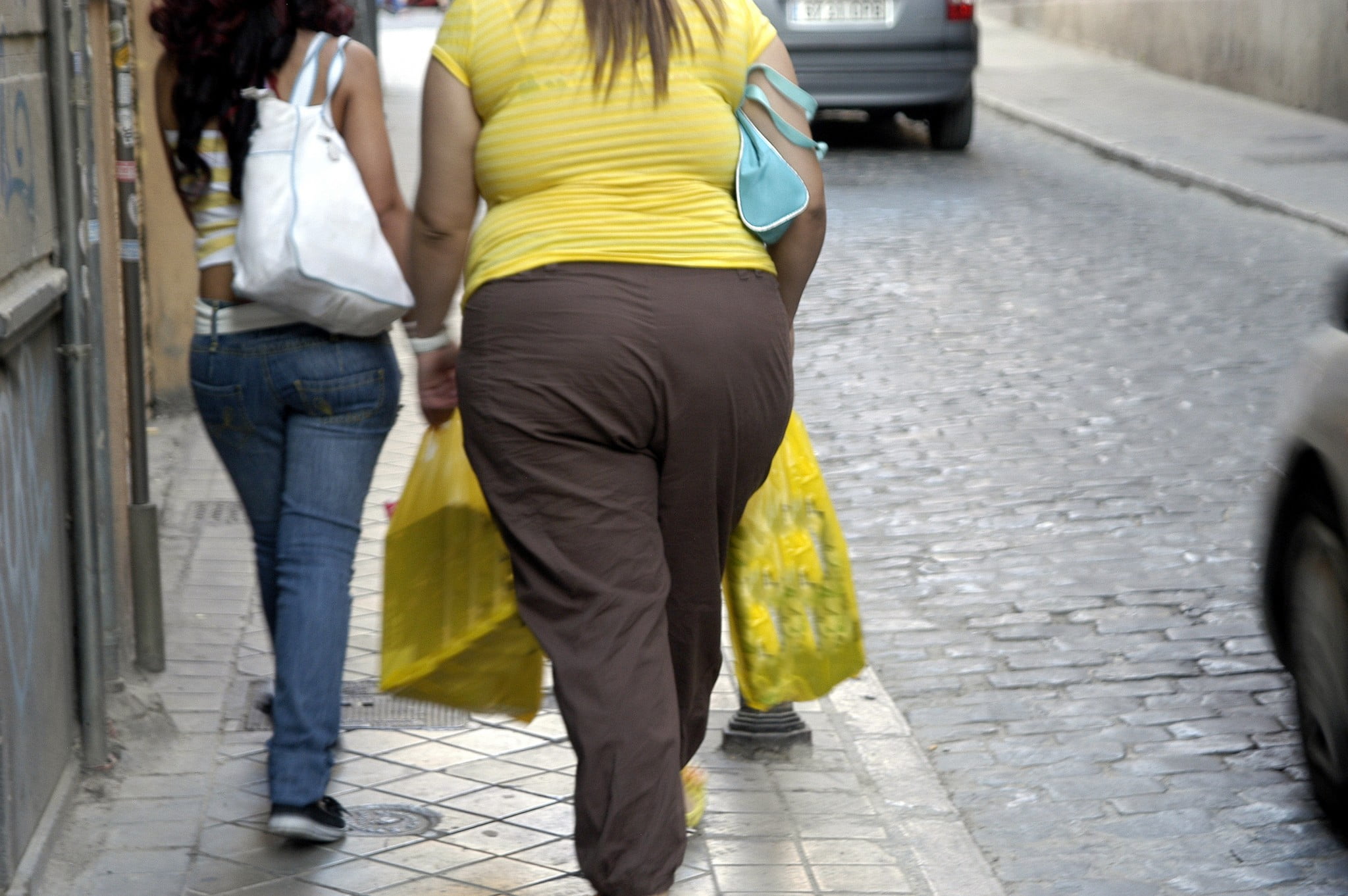 lifestyle diseases: obesity: fat woman walks along the street with thinner friend
