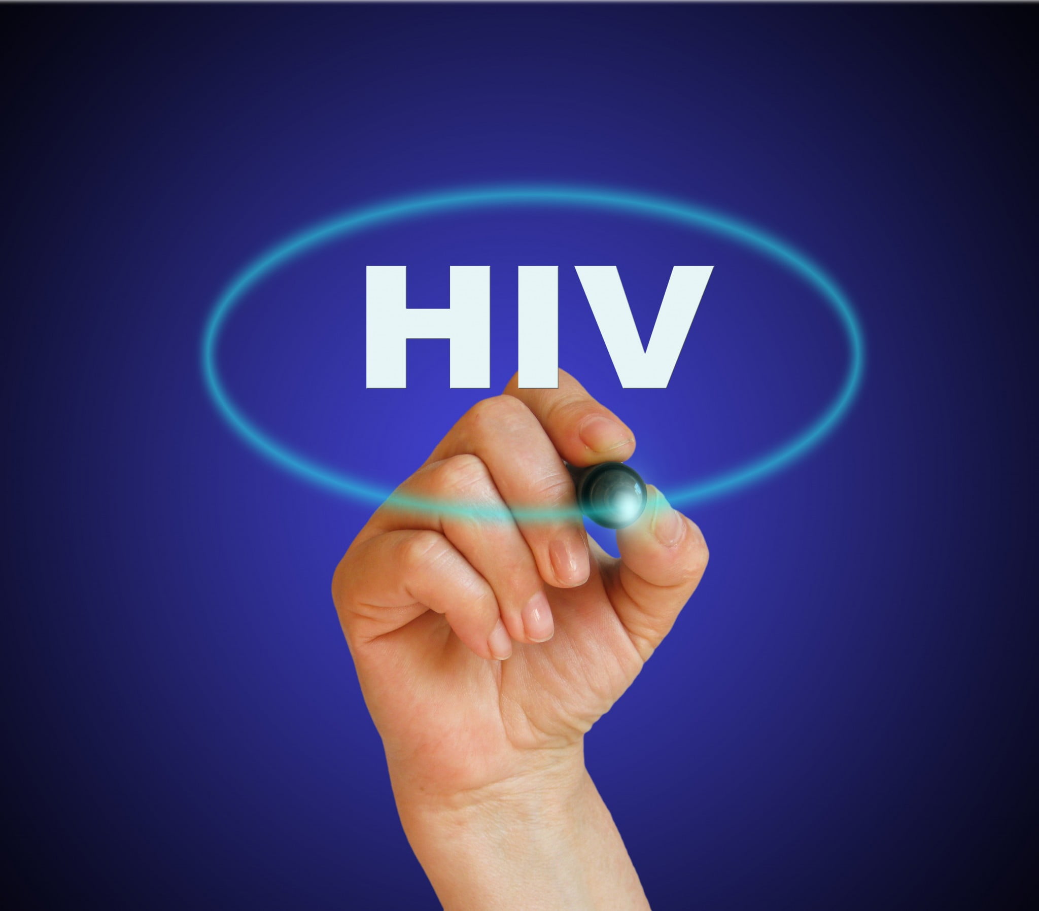hand circles the word "HIV" on glass: HIV treatments