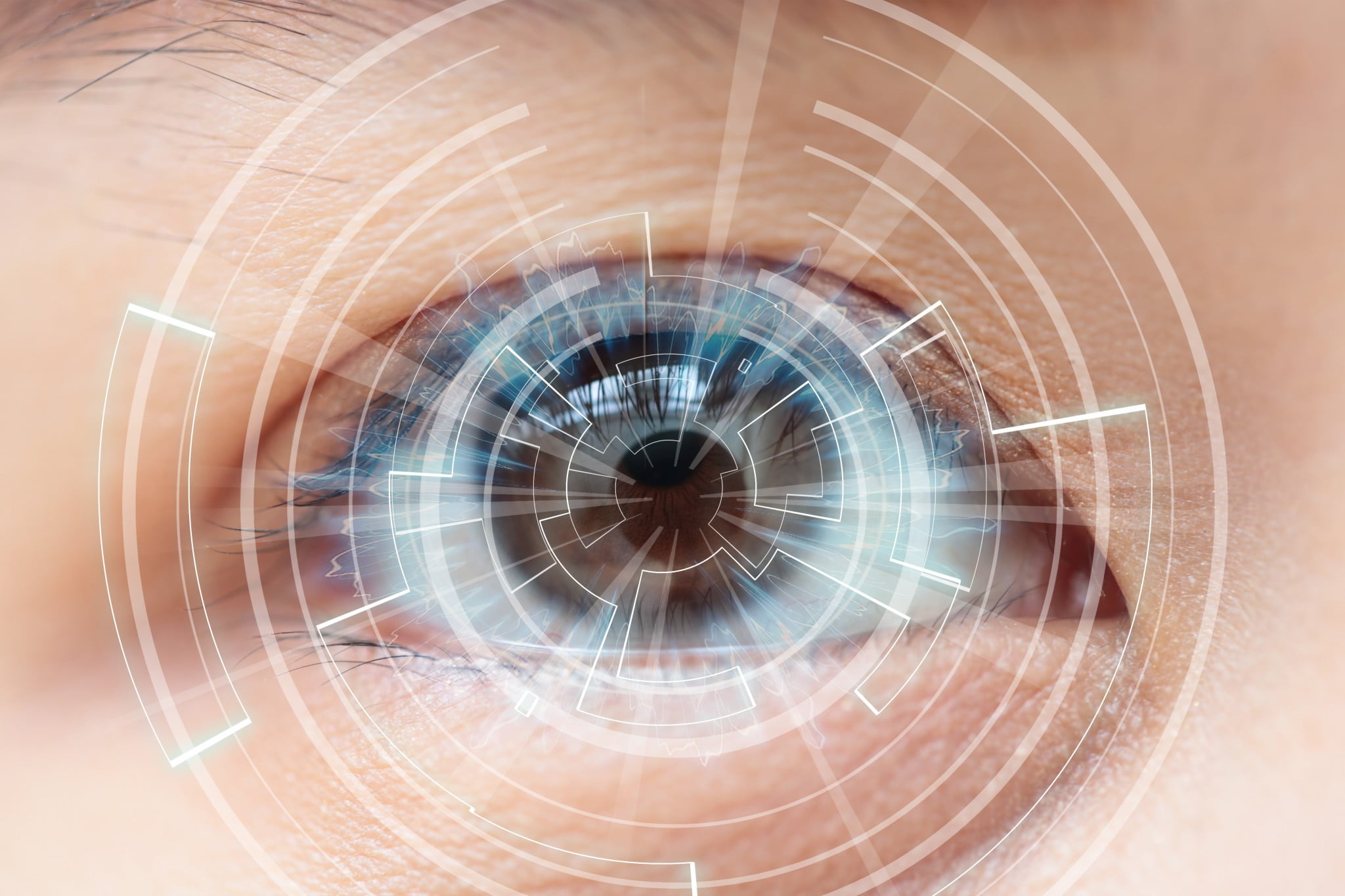 macular degeneration - closeup on eye with lots of high tech crosshairs