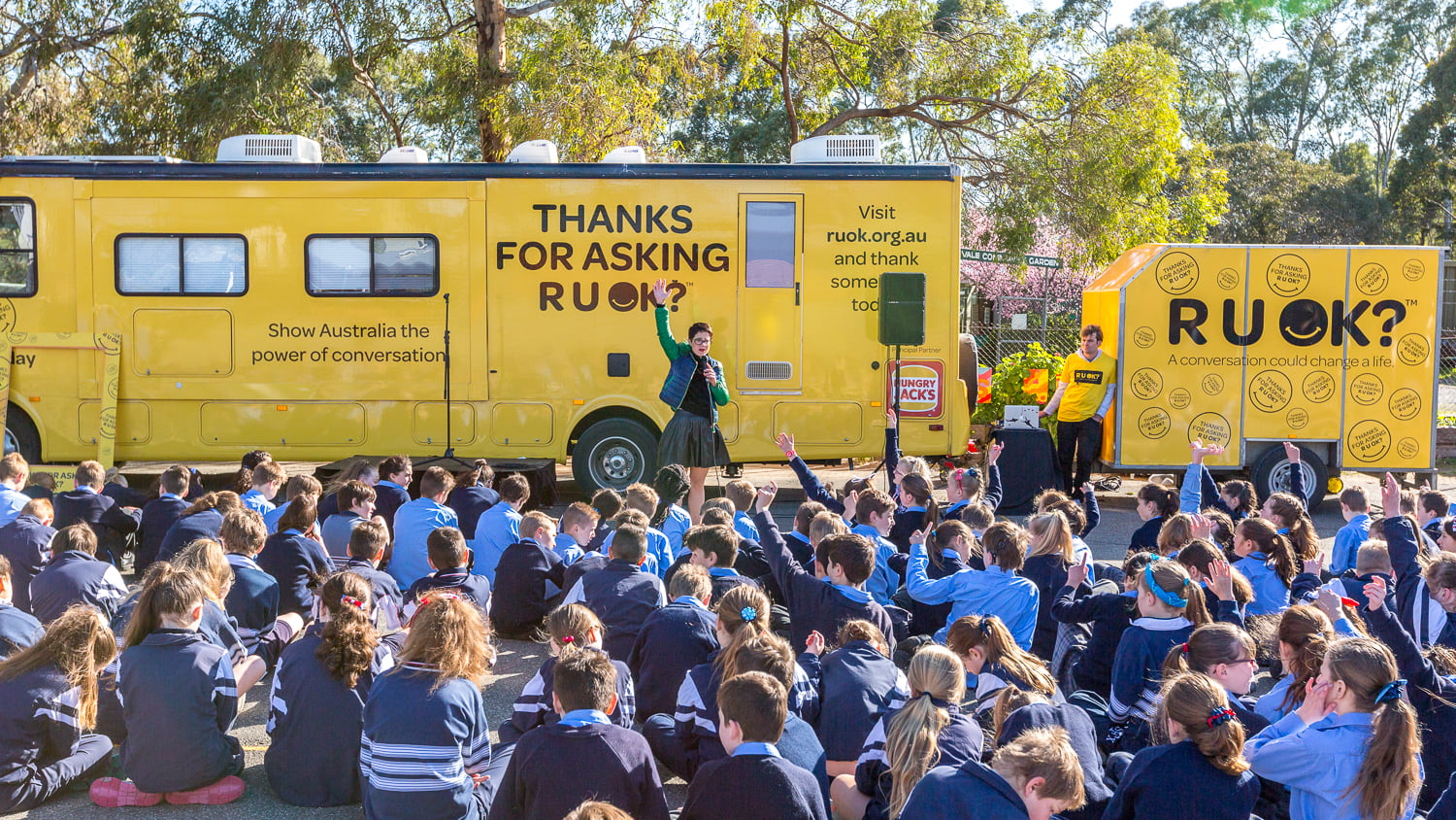 RUOK? Day helps prevent suicide - counsellor addresses kids by the yellow van