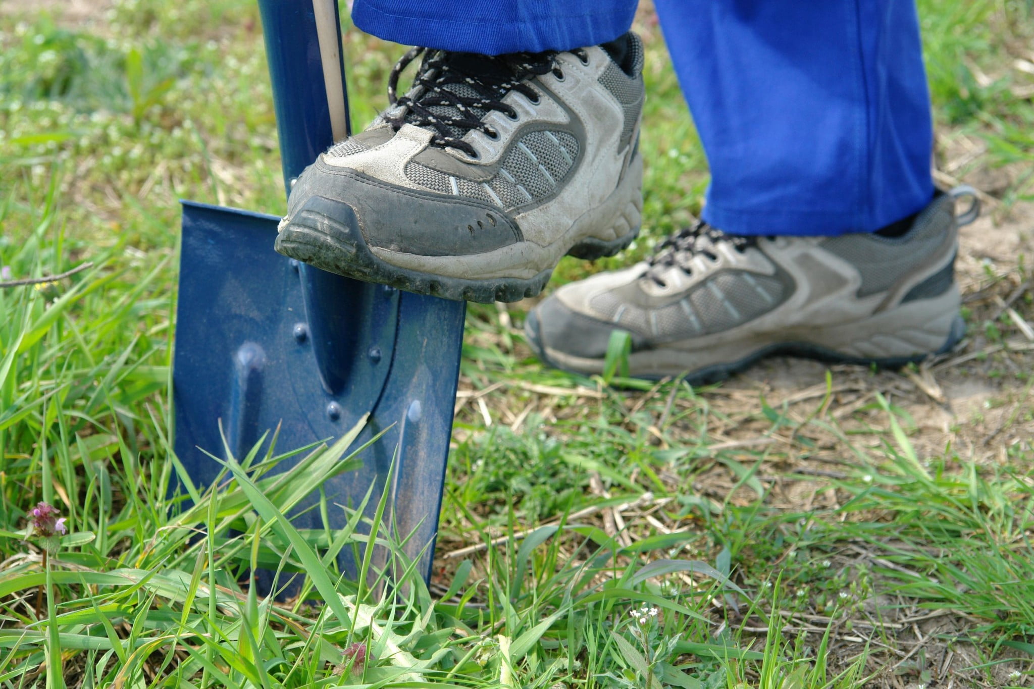 construction worker digs spade into ground