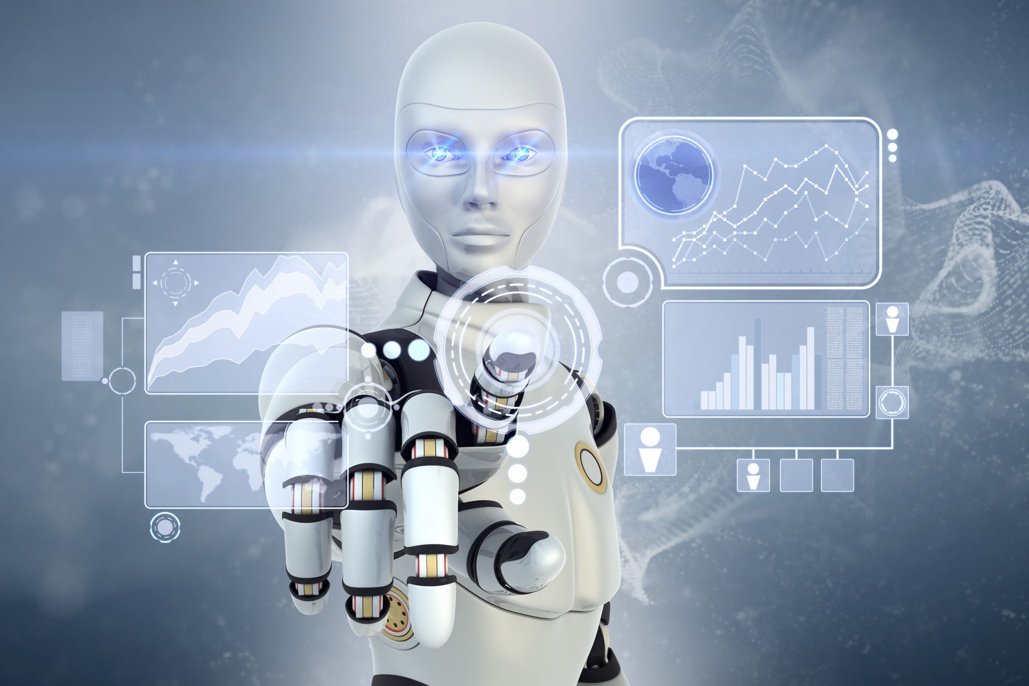robot touching futuristic interface