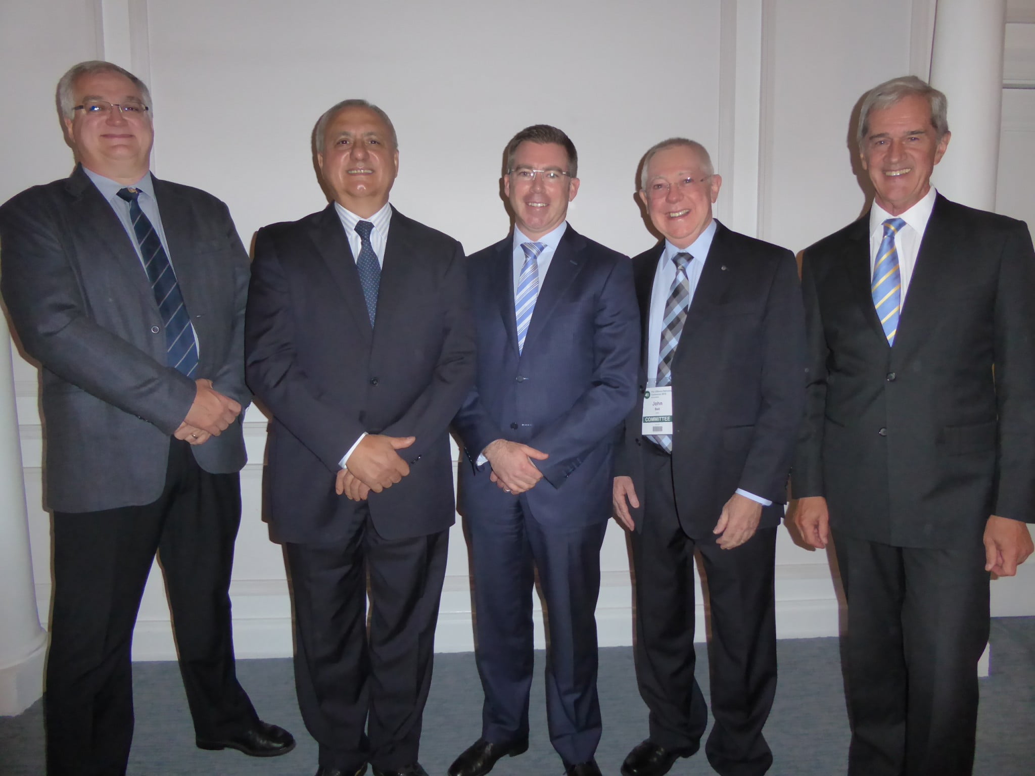 L-R: Prof Sarel Malan, president, Pharmaceutical Society of South Africa; Joe Demarte, president, Pharmaceutical Society of Australia; Ben Playle, Australian Deputy High Commissioner; John Bell, acting conference chair; and Roelf Meyer, formerly chief negotiator for the National Party Government on the settlement of the South African conflict which ended apartheid.