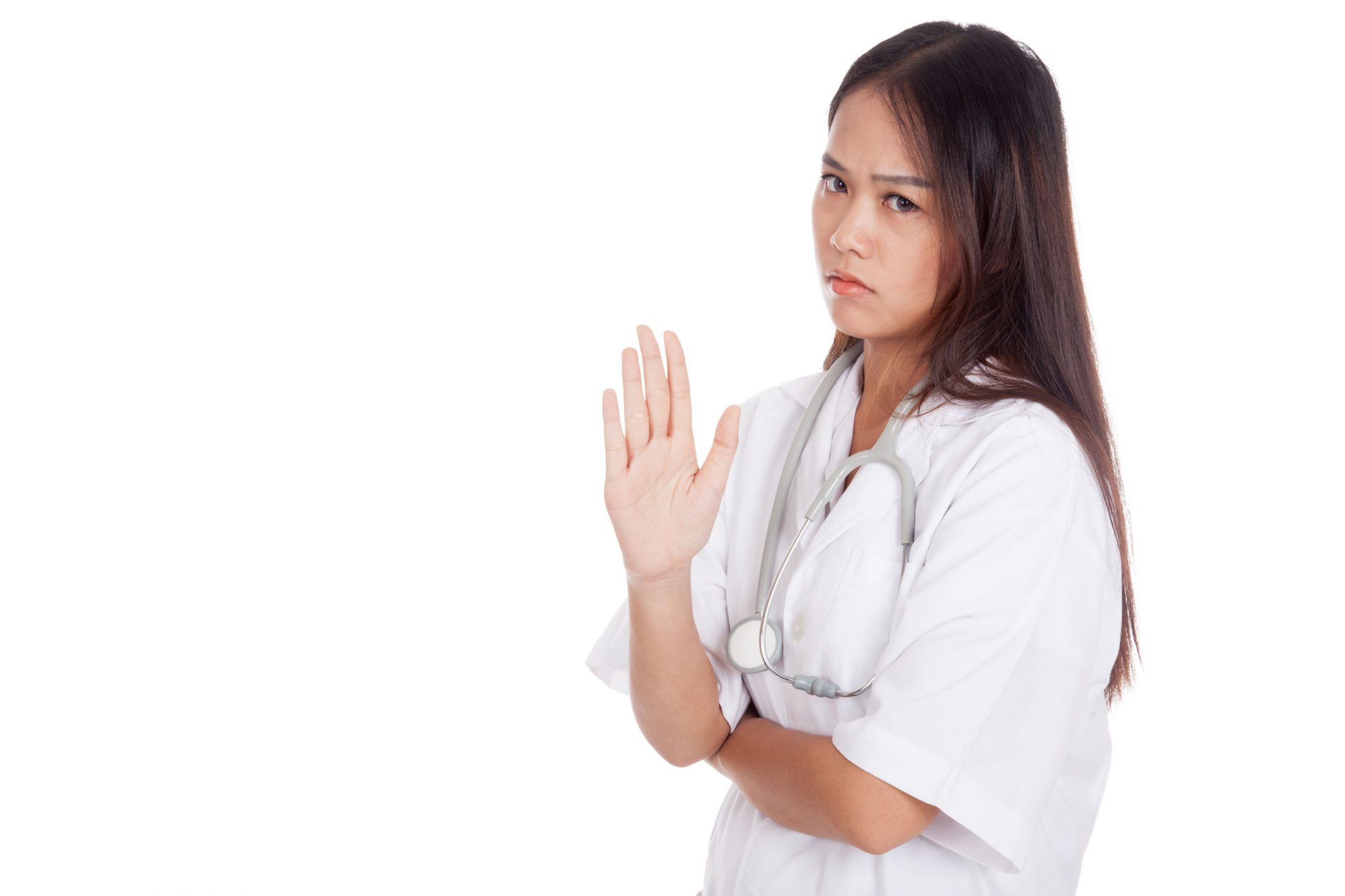 young pharmacist or doctor with "talk to the hand" body language