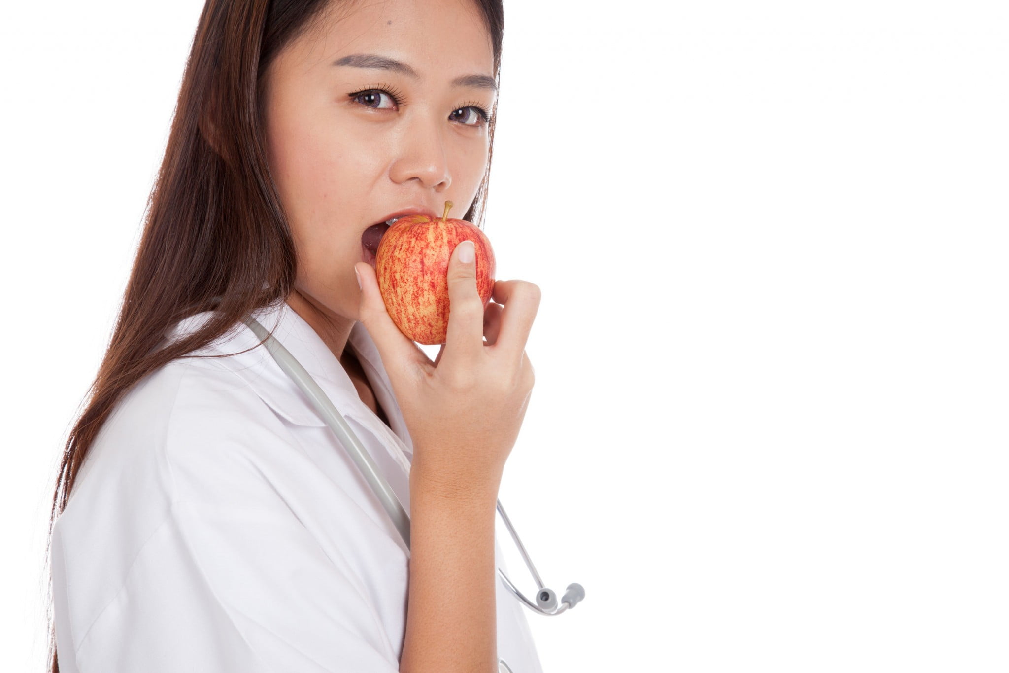 pharmacist eating apple