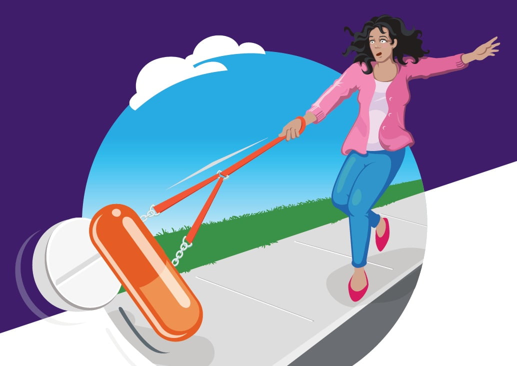NPS 2016 MedicineWise week collateral, woman taking pills for a walk