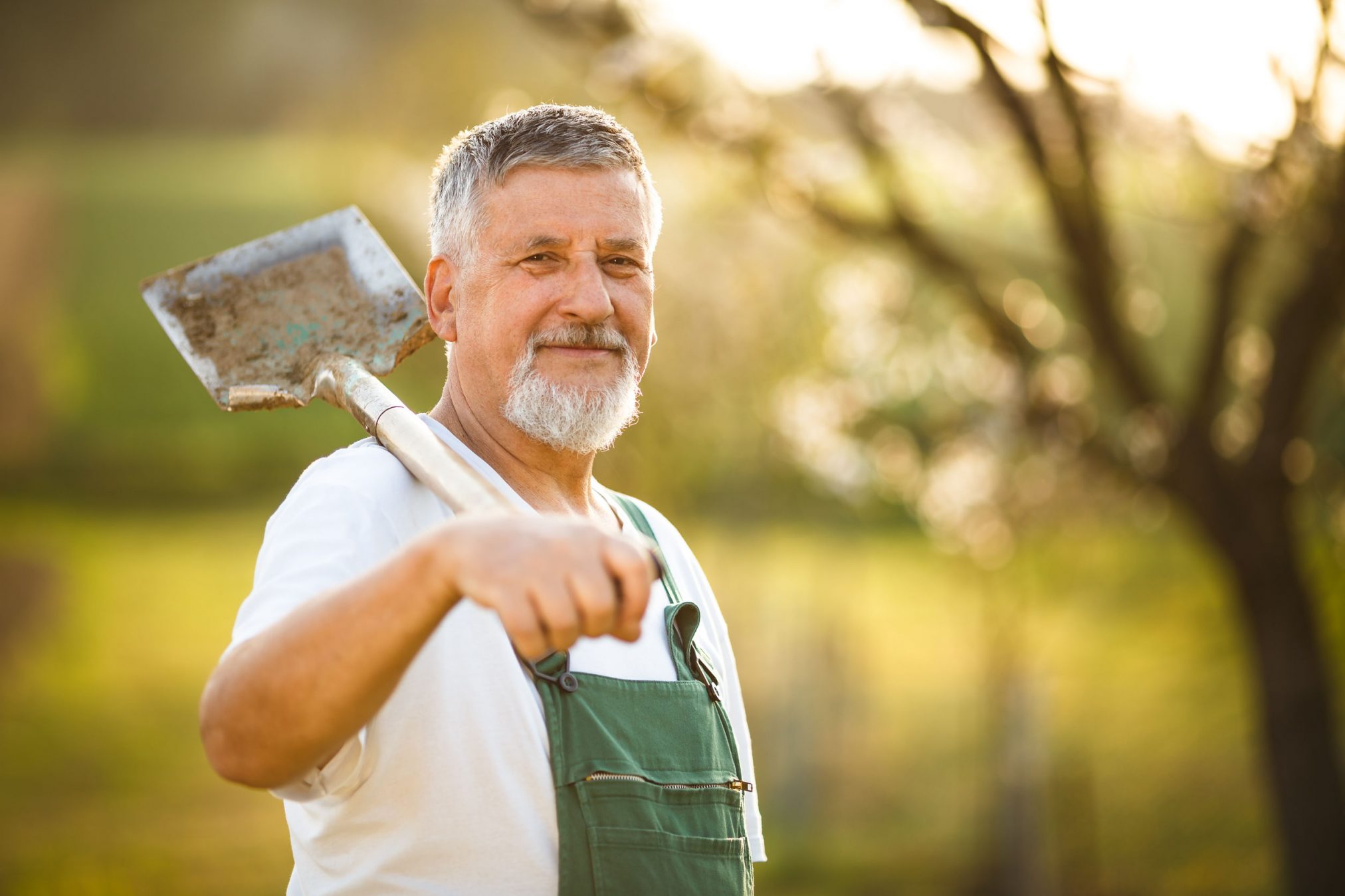 happy older man in garden with shovel