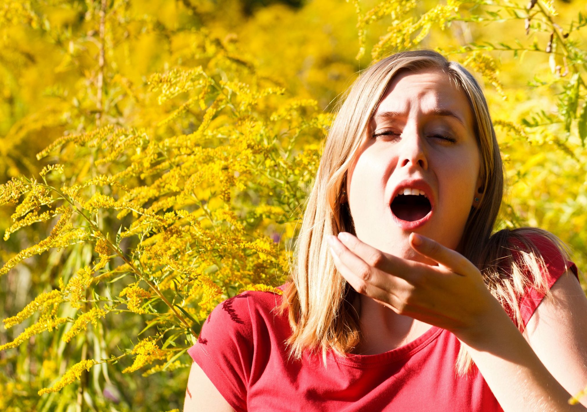 woman sneezing in field