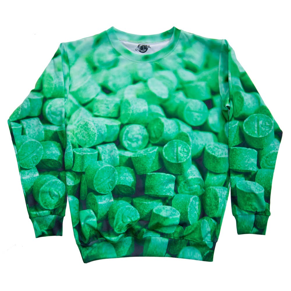 green shirt with pill motif