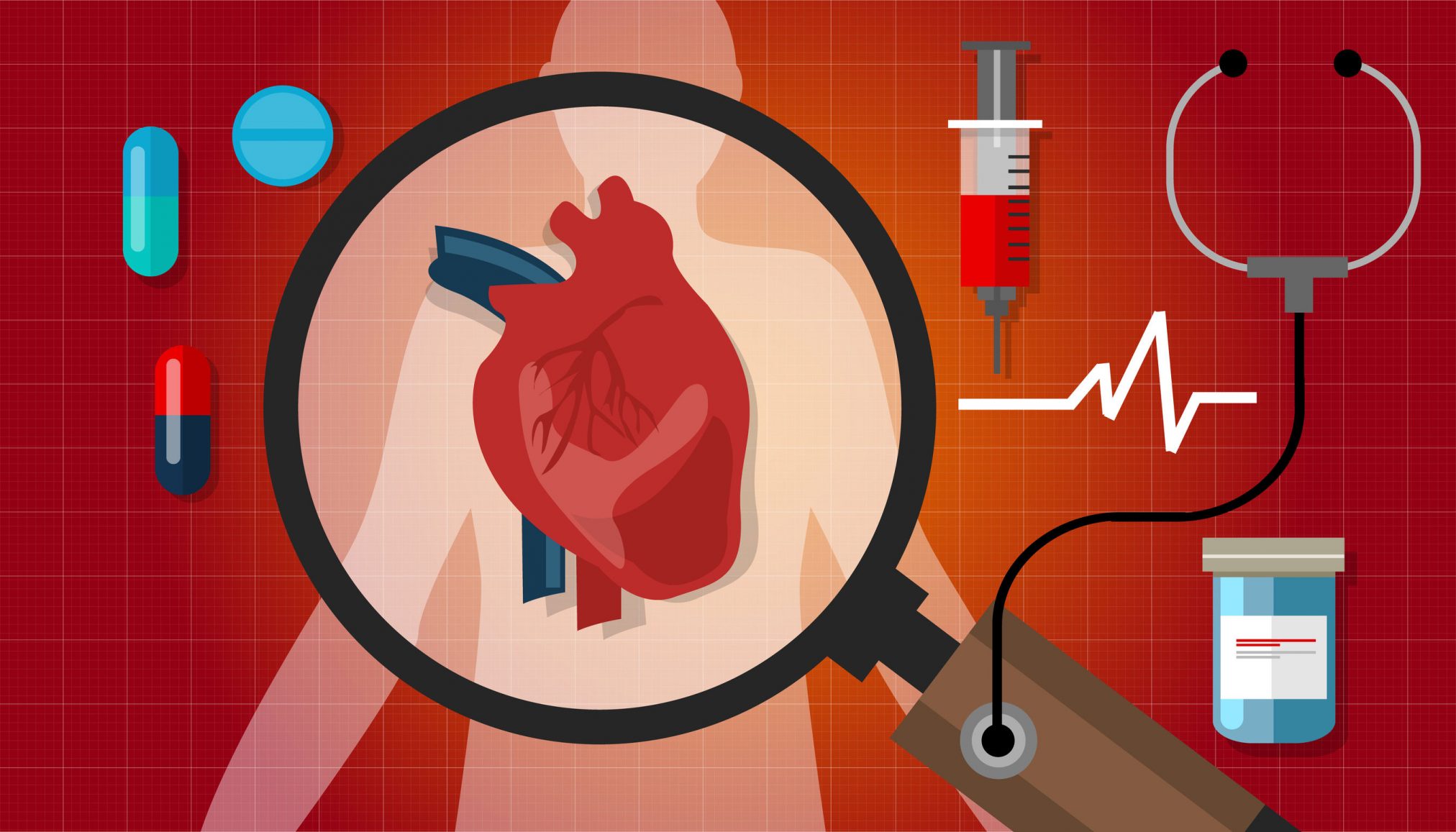 heart illustration with medical, pills etc