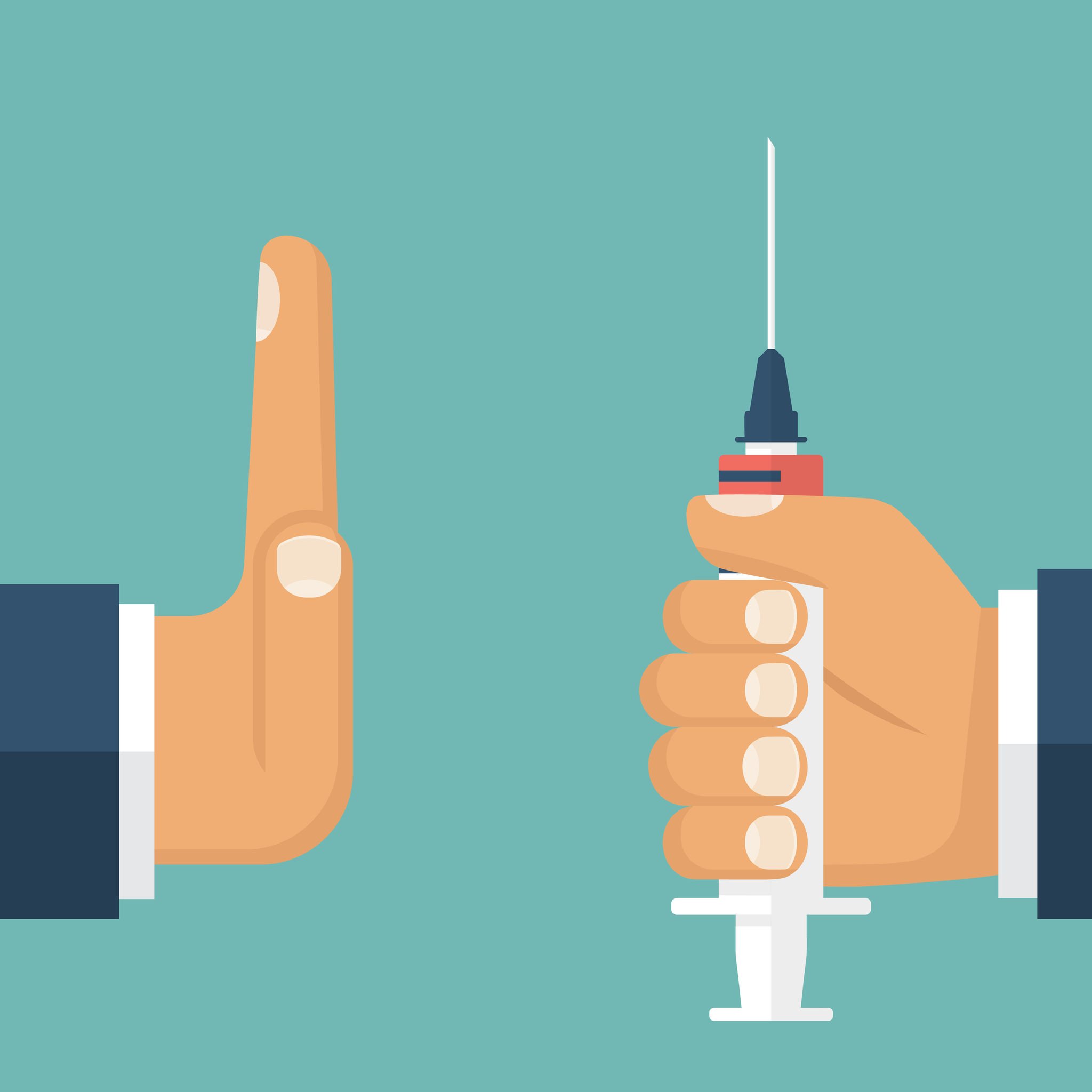 cartoon syringe and hand saying stop