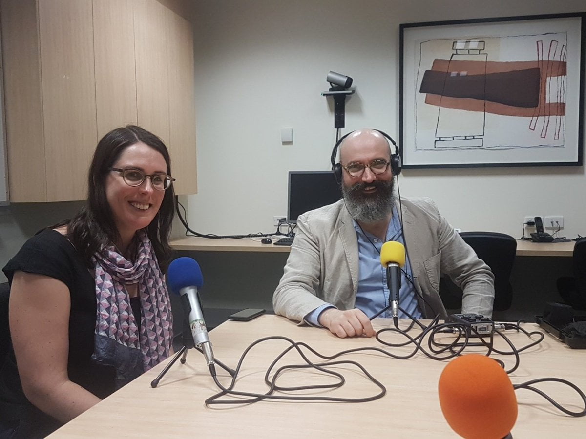 Purple Pen Podcast hosts Jane Booth and Daniel Guidone in action.