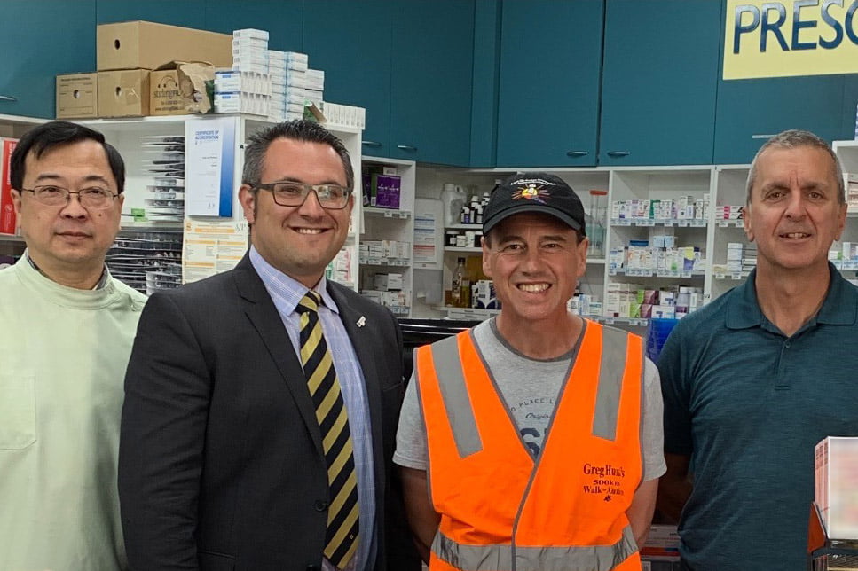 Lang Lang Pharmacy owner Mr Tian Low, Guild Victorian President Anthony Tassone, Health Minister Greg Hunt, Guild National President George Tambassis