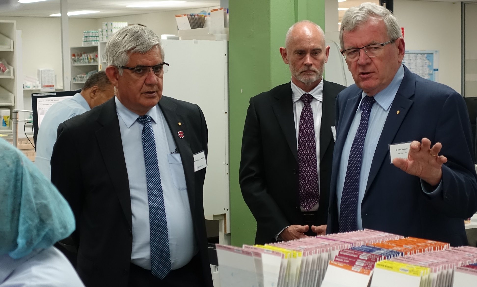 Webstercare Managing Director Gerard Stevens (r) demonstrates to Aged Care Minister Ken Wyatt (l) and chief-of-staff Nick Hartland (centre) the many processes and systems that go into supporting safe and effective medication management and profile curation for residents of aged care facilities.