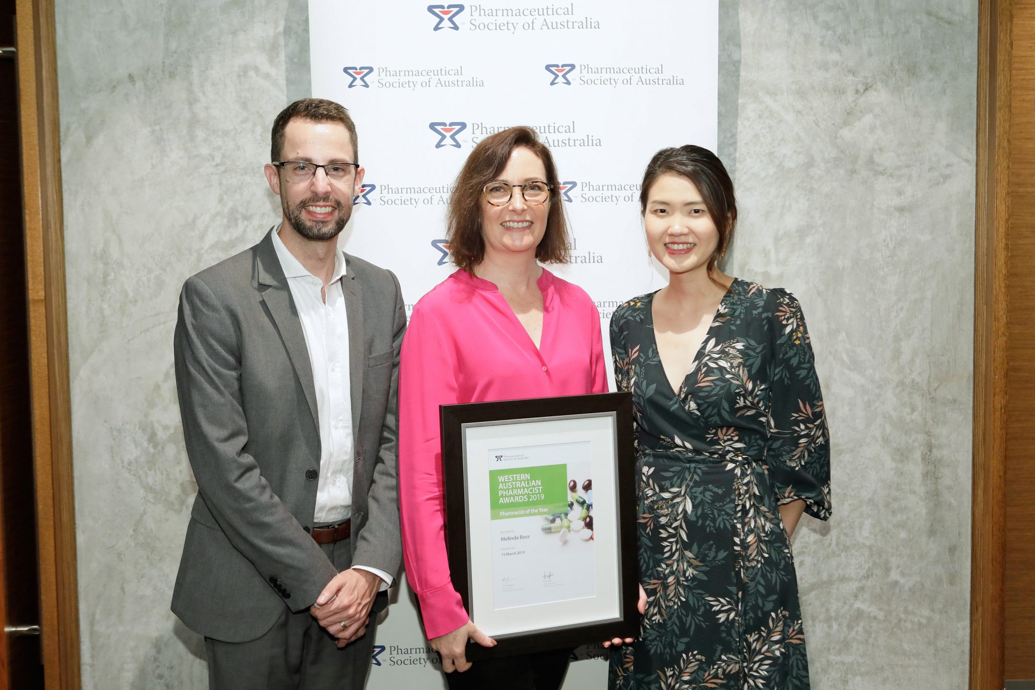PSA National President Dr Chris Freeman, WA Pharmacist of the Year Melinda Boss and PSA WA President Dr Fei Sim