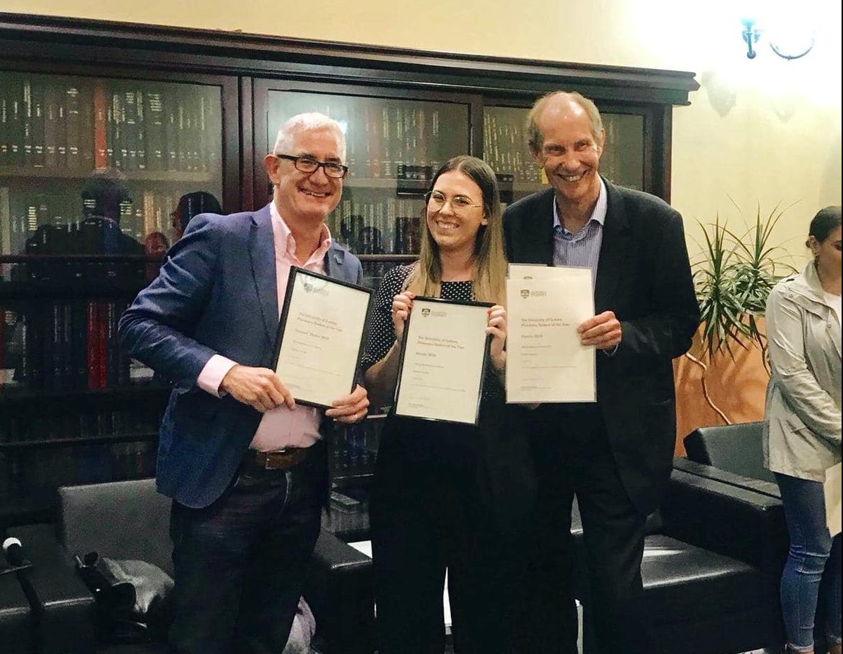 USyd Dean of Pharmacy Professor Andrew McLachlan, Katelyn Ingram and NSW PSA President Peter Carroll.