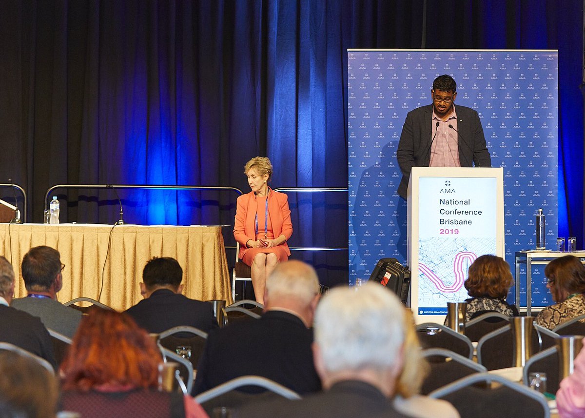 Dr Bav Manoharan makes a motion at the AMA's 2019 AGM. Image AMA Media via Twitter.