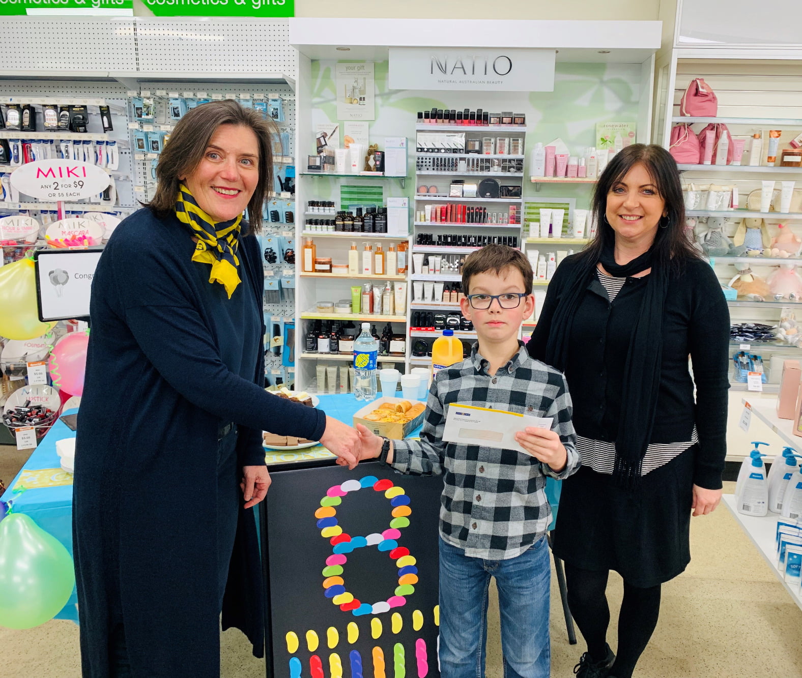 Presentation at Kings Meadows Discount Pharmacy, Launceston. Left to right: Pharmacy Guild National Councillor Helen O’Byrne , Carter Lithgow, Leanne Fulcher Retail Manager.