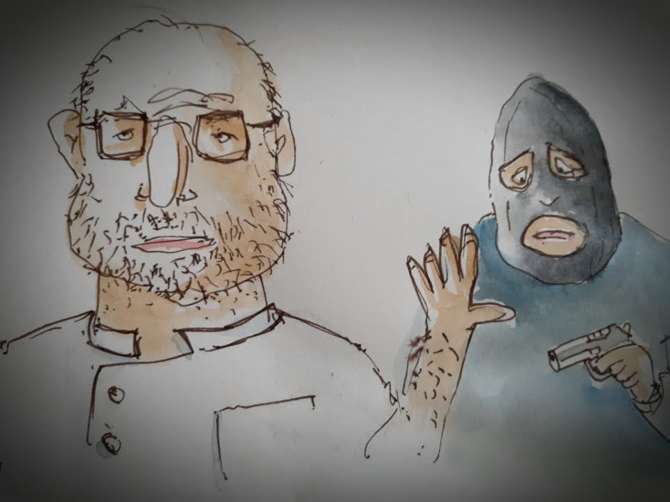 Cartoon burglar and immovable pharmacist