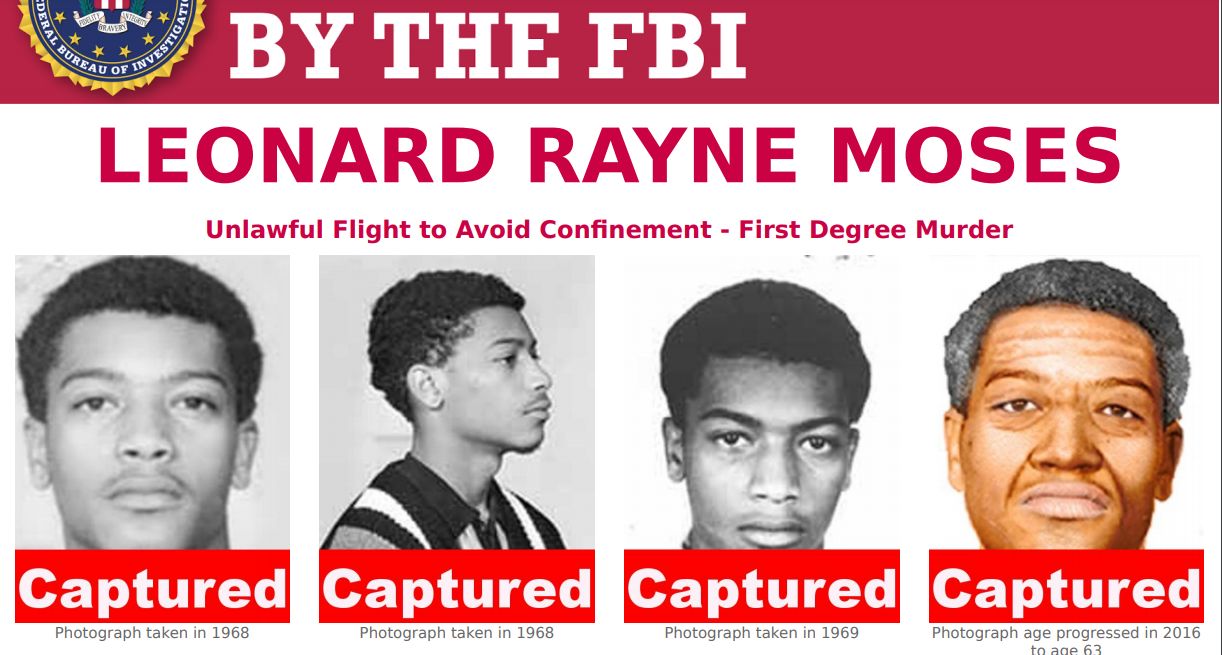 Leonard Rayne Moses partial FBI wanted poster showing mug shots