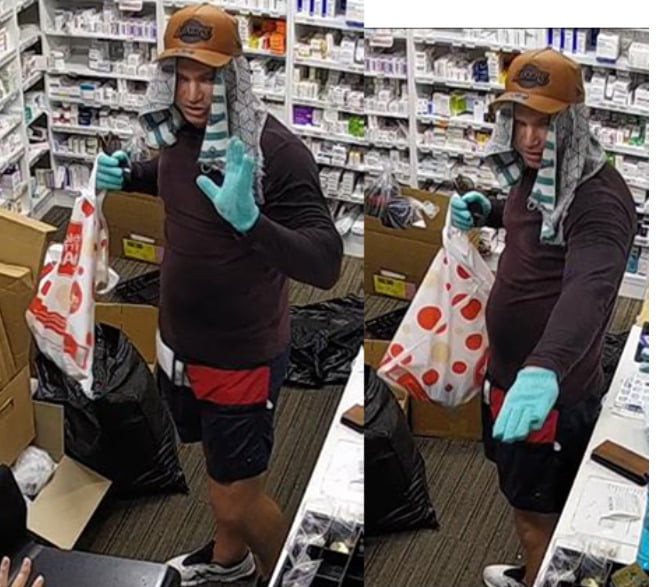 two pics of man with towel on head in pharmacy, wearing gloves and demanding medicine