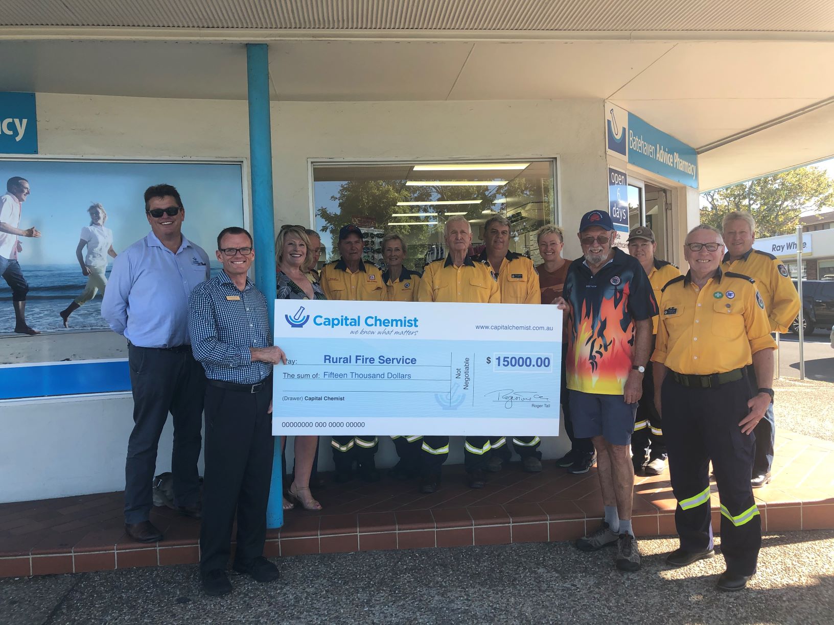 Melita Flynn, Capital Chemist Community Program Manager; Andrew White, partner, Capital Chemist Batemans Bay and Batehaven Pharmacy; and Andrew Topp, Capital Chemist Group Business Manager, with representatives from local RFS branches.
