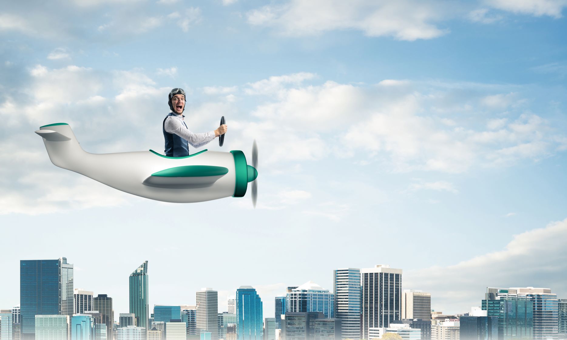 frightened man driving toy plane
